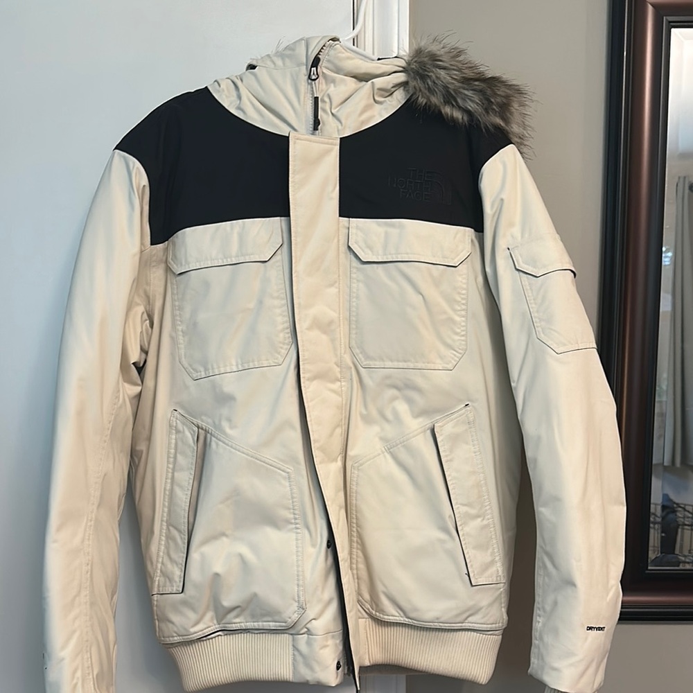 The North Face Cream and Black Puffer Jacket with Stand-Up Collar